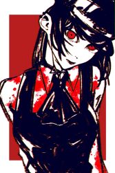  1girl blood blood_on_clothes breasts chainsaw_man collared_shirt dasei0219 death_devil_(chainsaw_man) dress_shirt ear_piercing earrings eyelashes fami_(chainsaw_man) fourth_east_high_school_uniform hat highres jewelry long_sleeves looking_at_viewer medium_breasts monochrome neck_ribbon parted_lips partially_colored peaked_cap piercing red_background red_eyes ribbon ringed_eyes school_uniform shirt sidelocks tassel tassel_earrings 
