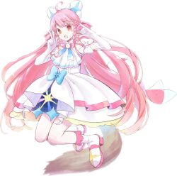  :d ahoge arm_bow ascot blush_stickers boots bow bowtie braid brown_eyes commentary cosplay dress dress_bow elbow_gloves full_body gloves highres iso_usagi jumping layered_dress long_hair looking_ahead magical_girl multicolored_bow multicolored_bowtie nijigaoka_mashiro nijigaoka_mashiro_(cosplay) pink_hair rulutieh shaka_sign side_braids simple_background smile tail utawarerumono:_itsuwari_no_kamen utawarerumono_(series) very_long_hair w white_ascot white_background white_boots white_dress white_gloves 