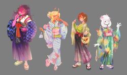  1boy 1other 2girls alternate_costume animal_ears animal_nose antlers arm_up bag black_eyes black_shoes blonde_hair blue_sash bow brown_hair colored_sclera commentary dango deer_antlers deer_ears deer_girl deltarune detached_sleeves english_commentary fish floral_print floral_print_kimono food frilled_sash furry furry_female furry_male glasses goat_boy goat_ears goldfish green-framed_eyewear green_kimono grey_background hair_bun hakama hakama_pants hakama_skirt heart highres holding holding_food holding_lantern horns japanese_clothes kimono kris_(deltarune) lantern long_hair multiple_girls noelle_holiday obi okobo one_eye_covered pants pink_bow pink_eyes pink_horns pink_sandals pink_sash plaid_clothes plaid_kimono plastic_bag platform_sandals print_kimono purple_hair purple_skirt ralsei red_eyes red_sash reptile_girl round_eyewear sandals sanshoku_dango sash shoes skirt sleeveless sleeveless_kimono smirk socks standing susie_(deltarune) tabi utdr_(toby_fox) wagashi water white_kimono white_socks wormygums yellow_sclera zouri 