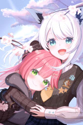  2girls ahoge animal_ear_fluff beret blue_skirt blush braid brown_hat brown_sweater_vest cherry_blossoms commentary_request earrings fox_girl green_eyes hair_between_eyes hat highres holding hololive jewelry long_hair looking_at_viewer multiple_girls necktie open_mouth pink_hair sakura_miko sakura_miko_(micomet) shirakami_fubuki shirakami_fubuki_(fubumio) shirt sidelocks single_braid skirt smile sweater_vest user_ukxt2733 virtual_youtuber white_hair white_shirt yellow_necktie 