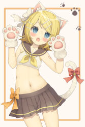  1girl animal_ears animal_hands black_sailor_collar black_skirt blonde_hair blue_eyes breasts cat_ears cat_paws cat_tail commentary_request cowboy_shot fang hair_ornament hair_ribbon hairclip highres kagamine_rin looking_at_viewer navel neckerchief number_tattoo open_mouth parallel_hairclips paw_pose ribbon sailor_collar shirt short_hair skirt sleeveless sleeveless_shirt small_breasts tail tattoo treble_clef tsutsuji_(suisai02) vocaloid white_ribbon white_shirt yellow_neckerchief yellow_trim 