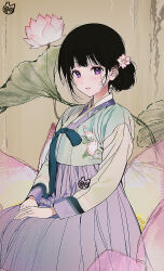  1girl artist_logo black_hair checkered_clothes chitanda_eru commentary_request floral_print_hanbok flower flower_request hair_bun hair_flower hair_ornament hanbok hyouka korean_clothes logo long_sleeves looking_at_viewer mery_(yangmalgage) own_hands_together pink_flower purple_hair single_hair_bun sitting solo 