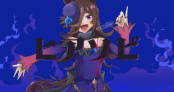  1girl :d absurdres alcohol animal_ears back_bow black_bow blue_background blue_fire blue_flower blue_hat blue_rose blush bow brown_hair champagne_flute commentary_request cup derivative_work dot_nose drinking_glass fang fire flipped_bangs flower hair_over_one_eye hand_up hat hat_flower hiasobi_(vocaloid) highres holding holding_cup horse_ears horse_girl horse_tail long_hair looking_at_viewer mini_hat one_eye_covered open_mouth pinky_out pouring pouring_onto_self red_wine rice_shower_(rosy_dreams)_(umamusume) rice_shower_(umamusume) rose skin_fang smile solo song_name tail tatsuki_020104 tilted_headwear translation_request umamusume upper_body variant_set violet_eyes wine 