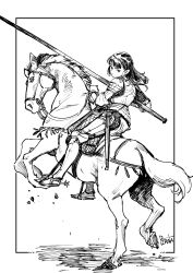  1girl armor artist_name border commentary_request from_side full_armor greyscale highres holding holding_polearm holding_reins holding_weapon horse horseback_riding knight korean_commentary lance long_hair looking_at_viewer looking_to_the_side monochrome original outside_border pirata_(gailtonatiu) pointy_ears polearm rearing reins riding scabbard sheath signature simple_background sketch solo spurs sword weapon white_background white_border 