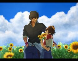  :d ^_^ black_hair black_shirt blue_sky brother_and_sister brown_hair closed_eyes clothes_around_waist clouds commentary cowboy_shot crossed_bangs dark-skinned_male dark_skin day denim field flower flower_field grin hand_in_pocket happy headpat holding holding_flower honogurashi_no_niwa jacket jacket_around_waist jeans komako_(honogurashi) letterboxed looking_up minato_(robin) muscular muscular_male pants polo_shirt profile red_scarf scarf shiroji_(honogurashi) shirt short_hair short_sleeves siblings signature sky smile sunflower sunflower_field two-tone_scarf wristband 