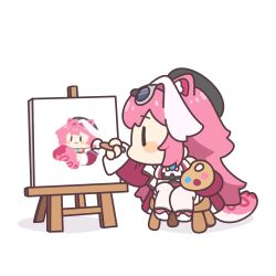  1girl animal_ears ascot beret black_hat blue_gem blush_stickers canvas_(object) coat commentary english_commentary gem goggles goggles_on_head hair_intakes hat highres holding holding_paint_palette holding_paintbrush hololive hololive_english long_hair long_sleeves multicolored_hair on_stool open_clothes open_coat paint_palette paintbrush painting_(action) panther_ears panther_girl panther_tail pink_coat pink_hair pink_tail raora_panthera raora_panthera_(1st_costume) shirt shoes shorts simple_background sitting sleeveless sleeveless_shirt solo stool streaked_hair tail thighs underdatv virtual_youtuber white_ascot white_background white_shirt white_shoes white_shorts 