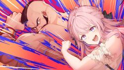  1boy 1girl :d armband back beard biceps black_ribbon brown_hair commentary dress facial_hair flexing frilled_armband frills hair_ribbon long_hair mikogami_kotone mikogami_kotone_(1st_costume) mohawk muscular muscular_male nail_polish nijisanji nu18john open_mouth pink_eyes pink_hair pink_nails ribbon sleeveless sleeveless_dress smile street_fighter street_fighter_6 untranslatable_commentary v-shaped_eyebrows virtual_youtuber zangief 