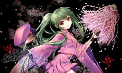  1girl anniversary black_gloves closed_mouth commentary_request cropped_shirt gloves green_eyes green_hair half_gloves hand_up hat hatsune_miku highres holding itto_maru long_hair looking_at_viewer peaked_cap pink_hat pink_shirt pink_skirt pleated_skirt senbonzakura_(vocaloid) shirt skirt smile solo translation_request twintails unworn_hat unworn_headwear very_long_hair vocaloid wide_sleeves 