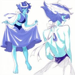  1girl back backless_outfit bare_back bare_shoulders barefoot blue_hair blue_skin blue_theme closed_eyes clothes_lift colored_skin crop_top curtsey dress feet from_behind lapis_lazuli_(steven_universe) lapis_slopzuli midriff multiple_views purple_skirt ribbon short_hair simple_background skirt smile steven_universe white_background 