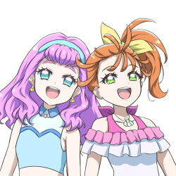  2girls :d absurdres aqua_hairband bare_arms bare_shoulders blue_eyes blue_shirt bow bright_pupils collarbone collared_shirt commentary crop_top cropped_shirt earrings frilled_shirt frills green_eyes hair_bow hairband highres jewelry laura_la_mer long_hair looking_up midriff multiple_girls natsuumi_manatsu necklace off-shoulder_shirt off_shoulder open_mouth orange_hair pink_hair pink_shirt ponytail precure raised_eyebrows round_teeth shell shell_earrings shell_necklace shirt side-by-side simple_background sleeveless sleeveless_shirt smile teeth thereaakari thick_eyebrows tropical-rouge!_precure upper_body upper_teeth_only white_background white_pupils white_shirt yellow_bow 