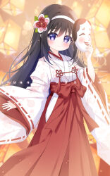1girl akemi_homura artist_name black_hair bow chinese_commentary commentary_request detached_sleeves feet_out_of_frame floral_print flower flower_knot hair_flower hair_ornament hairband hakama hakama_skirt happy highres holding holding_mask japanese_clothes kimono lantern light_particles long_hair long_sleeves mahou_shoujo_madoka_magica mahou_shoujo_madoka_magica_plus mask miko night noh_mask official_alternate_costume outdoors paper_lantern print_kimono print_sleeves red_bow red_flower red_hakama red_ribbon ribbon ribbon-trimmed_sleeves ribbon_trim shimo_shiina side_slit sidelocks skirt sleeves_past_wrists solo standing tassel very_long_hair waist_bow white_hairband white_kimono white_sleeves wide_sleeves