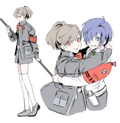  1boy 1girl absurdres blue_hair brown_hair collared_shirt full_body gekkoukan_high_school_uniform highres holding holding_polearm holding_weapon hug looking_at_viewer megami_tensei persona persona_3 persona_3_portable polearm s.e.e.s school_uniform shiomi_kotone shirt short_hair simple_background smile sris2 weapon white_background yuuki_makoto_(persona_3) 
