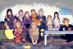  4girls 6+boys alternate_costume alternate_hairstyle arm_on_another's_shoulder barefoot black_hair black_pajamas black_pants black_shirt black_shorts black_sweater black_thighhighs blonde_hair braid brushing_hair clenched_hand clenched_hands closed_mouth cloud_strife commentary_request couch covering_own_mouth cup dissidia_duellum_final_fantasy dissidia_final_fantasy eating egg_print final_fantasy final_fantasy_i final_fantasy_iii final_fantasy_iv final_fantasy_ix final_fantasy_v final_fantasy_vii final_fantasy_viii final_fantasy_xiii final_fantasy_xiv final_fantasy_xv gaia_(ff14) grin hair_between_eyes hair_ornament hairclip highres holding holding_brush holding_cup hood hoodie indian_style kain_highwind kneeling krile_mayer_baldesion_(ff5) lightning_farron long_hair low_twintails mckrs multiple_boys multiple_girls onion_knight open_mouth orange_shirt pajamas panties pants parted_bangs pink_hair plaid_clothes plaid_pajamas print_pajamas prompto_argentum purple_pajamas purple_panties purple_shirt red_pajamas red_pants rinoa_heartilly shirt short_hair shorts sitting smile socks spiky_hair sweater teeth thigh-highs twin_braids twintails twitter_username underwear warrior_of_light_(ff1) watching_television white_hoodie white_socks zidane_tribal 