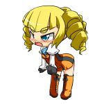  1girl blonde_hair blue_eyes blush boots chibi cravat dress drill_hair gloves gundam gundam_build_fighters juliet_sleeves long_sleeves mojap open_mouth puffy_long_sleeves puffy_sleeves short_hair simple_background solo twin_drills white_background yajima_caroline 