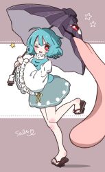  1girl :p ;p aqua_hair aqua_vest artist_name blue_skirt brown_background commentary_request full_body geta highres holding holding_umbrella long_sleeves looking_at_viewer one_eye_closed purple_umbrella red_eyes salt_(saltty) shirt short_hair skirt solo standing standing_on_one_leg star_(symbol) tatara_kogasa tongue tongue_out touhou two-tone_background umbrella vest white_background white_shirt wide_sleeves 