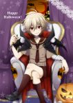  1boy blush boxcutter cape child crossed_legs grey_hair halloween happy_halloween jack-o&#039;-lantern kneehighs male multiple_boys nagisa_kaworu neon_genesis_evangelion red_eyes red_legwear short_hair shorts sitting smile usagigenki wings younger 