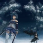  2girls akemi_homura akuma_homura argyle argyle_legwear armband black_hair blue_eyes blue_hair bow cape clouds elbow_gloves gloves hair_bow hair_ornament hairclip highres magical_girl mahou_shoujo_madoka_magica mahou_shoujo_madoka_magica_movie miki_sayaka multiple_girls sky spoilers sword thighhighs weapon wings zettai_ryouiki 