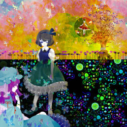  3girls abstract_background ascot blue_eyes blue_hat blue_vest bow bug butterfly closed_mouth commentary_request detached_sleeves dress floating_hair flower frilled_skirt frills frown full_body green_dress green_skirt grey_hair hair_bow hakurei_reimu hat konpaku_youmu long_hair minumi mob_cap multiple_girls one_eye_closed orb pink_hair puffy_short_sleeves puffy_sleeves red_bow red_shirt red_skirt saigyouji_yuyuko shirt short_hair short_sleeves skirt sleeveless sleeveless_shirt spider_lily standing touhou vest white_shirt white_sleeves yellow_ascot yin_yang yin_yang_orb 