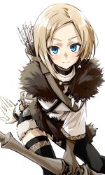  1girl arrow_(projectile) black_shorts black_thighhighs black_wrist_cuffs blonde_hair blue_eyes bow_(weapon) commentary_request cowboy_shot earrings from_above fur-trimmed_shirt fur-trimmed_shorts fur-trimmed_wrist_cuffs fur_trim gloves hand_on_floor highres holding holding_weapon jewelry light_blush light_smile looking_at_viewer mushoku_tensei parted_bangs quiver sara_(mushoku_tensei) seriro00112 shirt short_hair shorts simple_background single_glove solo thigh-highs weapon white_background white_shirt wrist_cuffs zettai_ryouiki 
