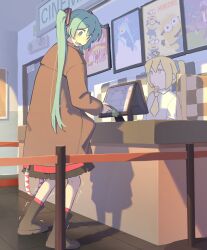  3girls absurdres akita_neru aqua_eyes aqua_hair banknote black_skirt brown_coat coat commentary commission despicable_me english_commentary hatsune_miku highres holding holding_money human_tower kasane_teto kasane_teto_(sv) long_hair long_sleeves machuuu68 minion_(despicable_me) minions_(movie) money movie_theater multiple_girls necktie open_mouth pleated_skirt second-party_source shadow shirt shiteyan'yo side_ponytail skirt stacking synthesizer_v trembling trench_coat triple_baka_(group) triple_baka_(vocaloid) twintails utau very_long_hair vocaloid white_shirt yellow_eyes yellow_necktie 
