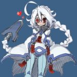  1girl ahoge blazblue bodysuit cape empty_eyes eyepatch hair_weapon nu-13 red_eyes silver_hair 