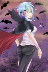  1girl :d ;d alternate_breast_size_(larger) alternate_costume alternate_species ass bat_(animal) black_cape black_pants blue_eyes blue_hair bracelet breasts butt_crack cape clothing_cutout clouds cloudy_sky commentary_request cowboy_shot double-parted_bangs fang from_behind hair_between_eyes halloween heart highres jewelry leg_cutout light_blush looking_at_viewer looking_back medium_hair messy_hair one_eye_closed opening_own_clothes outdoors pants purple_sky raipen red_cape shirt sinon sky smile solo sword_art_online two-sided_cape two-sided_fabric two-tone_cape vampire white_shirt 