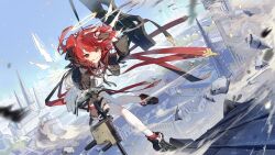  1girl absurdres angel_wings arknights arm_up black_gloves black_jacket black_shoes black_shorts building commentary_request detached_wings energy_wings exusiai_(arknights) exusiai_the_new_covenant_(arknights) fingerless_gloves gloves gun halo highres jacket kriss_vector long_shirt long_sleeves natsuba002 orange_eyes railgun red_eyes red_hair shirt shoes short_hair shorts side_ponytail smile sneakers solo submachine_gun swept_bangs thigh-highs thigh_strap weapon white_shirt white_thighhighs wings 