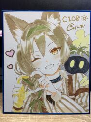  1girl :d ;d animal_on_shoulder arknights beanstalk_(arknights) black_collar braid brown_hair clenched_teeth collar commentary_request gloves green_hairband green_ribbon grin hair_ribbon hairband hands_up heart heart_hands highres hyena_ears hyena_girl infection_monitor_(arknights) k-yosinori long_hair metal_crab_(arknights) one_eye_closed photo_(medium) portrait ribbon shikishi shirt simple_background smile solo striped_clothes striped_shirt teeth traditional_media white_background white_shirt yellow_eyes yellow_gloves 