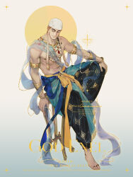  1boy abs armband bandana bead_necklace beads black_pants blonde_hair bracelet dywx_poison earrings enel gold_bracelet highres jewelry muscular muscular_male necklace nipples one_piece pants sash toe_ring white_bandana yellow_sash 
