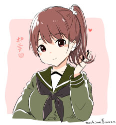  1girl alternate_hairstyle black_neckerchief brown_eyes brown_hair commentary_request dated green_sailor_collar green_serafuku green_shirt highres kantai_collection looking_at_viewer mochisaka_mitsuki neckerchief ooi_(kancolle) ooi_kai_(kancolle) pink_background ponytail sailor_collar sailor_shirt school_uniform serafuku shirt smile solo upper_body 