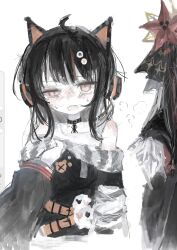  2girls ahoge animal_ear_headphones animal_ears arm_belt asymmetrical_sleeves bare_shoulders belt belt_collar black_choker black_hair black_sweater bruise bruise_on_face cat_ear_headphones cat_ears choker clothes_tug collar commentary_request eyeball_hair_ornament fake_animal_ears headphones highres iiqmna injury long_sleeves mahou_shoujo_no_majo_saiban multicolored_hair multiple_girls nikaido_hiro off-shoulder_sweater off_shoulder open_mouth orange_eyes orange_streaks sawatari_coco sharp_teeth shirt short_hair simple_background skull solo_focus streaked_hair striped_sleeves stuffed_animal stuffed_cat stuffed_toy sweater teeth upper_body upper_teeth_only white_background white_shirt 