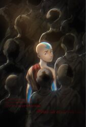  1boy aang arm_tattoo arrow_(symbol) arrow_tattoo avatar:_the_last_airbender avatar_legends bald commentary cracked_skin english_commentary english_text grey_eyes head_tattoo highres hollow_body lee_flms0 looking_at_viewer looking_back male_focus parted_lips red_sash robe sash single_bare_shoulder solo tattoo yellow_robe 