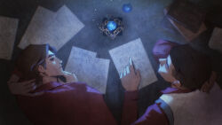  2boys absurdres arcane:_league_of_legends brown_hair hextech_gemstone highres jayce_(league) league_of_legends lying multiple_boys on_floor paper red_shirt shirt short_hair vest viktor_(league) white_vest zoe_(crownsforkings) 