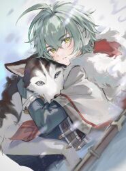  1boy absurdres ahoge alyosha_(genshin_impact) animal animal_ears animal_nose black_fur black_gloves blue_eyes blue_jacket blue_sky blush bullet cape commentary_request day dog dog_ears earmuffs freckles from_side fur-trimmed_cape fur_trim genshin_impact gloves green_hair gun hair_between_eyes highres hood hooded_cape hug husky jacket long_sleeves looking_at_viewer male_focus mscdraw outdoors pet rifle shadow short_hair sky sniper_rifle snow snowing steam teeth two-tone_fur upper_body weapon white_cape white_fur winter yellow_eyes 