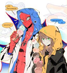  1boy 1girl animal_print black_jacket blue_hoodie bodysuit brown_hair commentary english_text food from_side green_eyes highres holding holding_food holding_ice_cream hood hood_up hoodie ice_cream jacket jean_grey laug layered_clothes long_hair marvel mask multicolored_bodysuit orange_hoodie outline polka_dot print_bodysuit red_bodysuit smile speech_bubble spider-man spider-man:_brand_new_day spider-man_(series) spider_print spider_web_print superhero_costume two-tone_bodysuit two-tone_hoodie upper_body white_background 