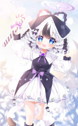  1girl :3 :d black_dress black_hair black_hat black_shoes blue_eyes blush bow bowtie candy candy_cane cat_tail chinese_commentary commentary_request double-parted_bangs dress drill_hair food foot_out_of_frame frilled_headwear hair_between_eyes halo hands_up hat highres holding holding_candy holding_candy_cane holding_food long_sleeves looking_at_viewer multicolored_hair open_mouth original purple_bow purple_bowtie purple_halo shimo_shiina shoes short_hair sleeves_past_wrists smile solo standing standing_on_one_leg tail two-tone_hair white_hair 