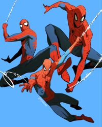  1boy animal_print blue_background bodysuit boots dynamic_pose etceteraart full_body highres marvel mask multicolored_bodysuit multiple_views print_bodysuit red_bodysuit silk spider-man spider-man_(series) spider_print spider_web spider_web_print superhero_costume swinging_on_web two-tone_bodysuit 