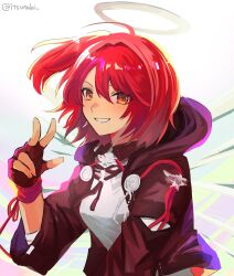  1girl :d ahoge arknights black_gloves commentary exusiai_(arknights) exusiai_the_new_covenant_(arknights) fingerless_gloves gloves grey_halo grin halo hand_up highres hood hood_down hooded_jacket itsutabi jacket long_sleeves looking_at_viewer one_side_up orange_eyes red_hair short_hair smile solo traditional_halo twitter_username upper_body w watermark white_background 