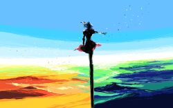  1girl blue_sky commentary_request eico floating_hair full_body medium_hair on_top_of_pole one-hour_drawing_challenge outdoors outstretched_arm scenery silhouette sky solo touhou wide_shot yasaka_kanako 