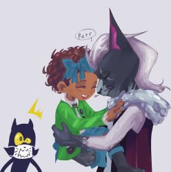  1other 2girls a_hat_in_time animal_ears animal_print back_bow bad_id bad_twitter_id black_boots black_fur black_scarf blue_bow blue_hairband blue_skirt boots bow bow_hairband bow_kid brown_hair carrying carrying_person cat cat_ears cat_print child child_carry closed_eyes closed_mouth colored_sclera commentary curly_hair dark-skinned_female dark_skin english_commentary forehead-to-forehead frilled_sleeves frills fur-trimmed_vest fur_trim furry green_jacket grey_fur hairband hand_on_another's_shoulder happy heads_together jacket kudo_nguyen long_sleeves mask medium_hair mouth_mask multicolored_fur multiple_girls open_mouth red_vest scarf short_hair simple_background skirt sleeveless smile speech_bubble surprised teeth the_empress_(a_hat_in_time) upper_teeth_only very_dark_skin vest whiskers white_background white_fur white_hair white_mask yellow_sclera 
