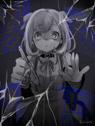  2girls animal_ears animalization artist_name bang_dream! bang_dream!_yumemita bob_cut closed_eyes collar commentary crack dog dog_ears fuji_miyako fuji_miyako_(artist) hair_bun highres long_hair multiple_girls one_eye_closed parted_lips partially_colored short_hair single_side_bun untranslatable_commentary viola_(bang_dream!) 