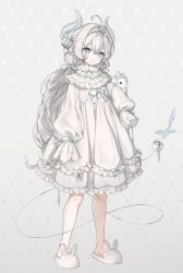  1girl absurdres ahoge alternate_costume alternate_hairstyle animal animal_slippers blue_eyes bow bow_background boy_o bunny_slippers crossed_bangs demon_girl demon_horns demon_tail dress elsword four-pointed_star frilled_dress frills full_body hair_between_eyes hair_bow hair_ornament highres holding holding_animal horns layered_dress long_hair looking_at_viewer luciela_r._sourcream medium_dress noblesse_(elsword) pointy_ears pom_pom_(clothes) pom_pom_hair_ornament rabbit ribbon sidelocks sleeves_past_fingers sleeves_past_wrists slippers smile solo star-shaped_pupils star_(symbol) symbol-shaped_pupils tail tail_ornament tail_ribbon twintails very_long_hair white_bow white_dress white_hair white_horns 
