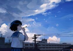  1girl absurdres acorn_dongur1 artist_logo blowing_bubbles blue_sailor_collar blue_skirt blue_sky bubble_pipe building clouds commentary_request dark day from_side highres logo looking_ahead original outdoors pleated_skirt power_lines sailor_collar school_uniform serafuku shirt short_hair skirt sky solo upper_body urban utility_pole white_shirt 