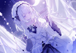  1girl aka_kan beads black_bow bow choker closed_mouth collarbone colored_eyelashes commentary commentary_request commission copyright_request cowboy_shot dress english_commentary expressionless frilled_choker frills hair_ornament hairband hairclip highres key layered_sleeves lolita_hairband long_hair long_sleeves puffy_short_sleeves puffy_sleeves sample_watermark short_over_long_sleeves short_sleeves solo star_(symbol) watermark white_bow white_choker white_dress white_eyes white_hair white_hairband 