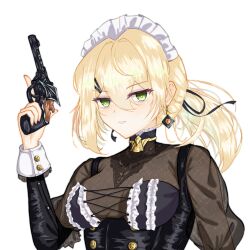  1girl absurdres black_dress blonde_hair blush breasts buttons commentary double-breasted dress earrings girls'_frontline_2:_exilium girls_frontline green_eyes grin gun hair_between_eyes hair_ornament hairclip hand_up handgun highres holding holding_gun holding_weapon jewelry long_hair maid_headdress medium_breasts medium_hair ponytail sextans_(girls'_frontline_2) sextans_(nocte_bewitchment)_(girls'_frontline_2) smile solo upper_body weapon zaguromaru 