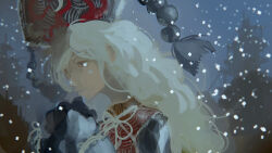  1girl black_dress blonde_hair closed_mouth commentary_request dalachi_(headdress) dress expressionless hat_tassel highres junko_(touhou) long_hair long_sleeves niy_(nenenoa) one-hour_drawing_challenge portrait red_eyes red_tabard snowing solo tabard touhou 