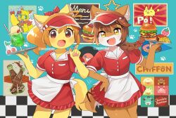  2girls :d animal_ears apron blush brown_fur brown_hair burger commentary_request cowboy_shot double-parted_bangs dress fang food fox_ears fox_girl fox_tail french_fries furry furry_female hair_between_eyes highres holding holding_tray ice_cream ice_cream_float long_hair looking_at_viewer multiple_girls notice_lines open_mouth orange_hair original po!_(popoemo) ponytail red_dress short_dress short_sleeves smile tail tray two-tone_fur white_apron white_fur yellow_eyes yellow_fur 