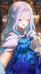  1girl absurdres blue_dress blue_hair blurry blurry_background commentary_request cup dress drinking_glass gloves grey_hair highres holding holding_cup kouchanthree lize_helesta long_hair multicolored_hair nijisanji one_eye_closed open_mouth pink_eyes reaching reaching_towards_viewer solo streaked_hair tiara virtual_youtuber white_gloves wine_glass 