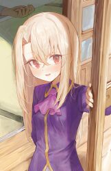  1girl absurdres ascot blush breasts commentary fate/stay_night fate_(series) highres illyasviel_von_einzbern kaze_22 korean_commentary long_hair long_sleeves looking_at_viewer open_mouth purple_shirt red_eyes shirt small_breasts smile solo_focus white_hair 