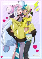  2girls akage_club aqua_hair artist_collaboration ass baggy_pants bandeau black_mask blonde_hair blue_eyes blue_hair bow-shaped_hair breasts canari_(pokemon) center-flap_bangs character_hair_ornament commentary_request criss-cross_halter criss-cross_straps dark-skinned_female dark_skin fake_hair_bun grey_pantyhose grin hair_ornament halter_shirt halterneck hexagon_print highres iono_(pokemon) jacket long_hair long_sleeves magnemite mask median_furrow medium_breasts mega_stone mouth_mask multicolored_hair multiple_girls nfj_la one_eye_closed open_mouth oversized_clothes pants pantyhose pantyhose_under_shorts pink_hair pokemon pokemon_legends:_z-a pokemon_scarlet_and_violet sharp_teeth short_twintails shorts single_leg_pantyhose sleeves_past_fingers sleeves_past_wrists smile split-color_clothes split-color_hair teeth twintails two-tone_mask two-tone_pants tynamo x_(symbol) yellow_bandeau yellow_jacket 